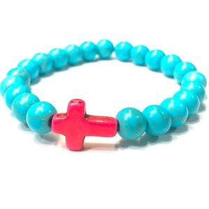 Handmade Blue Pink Cross Stretch Bracelet Women Religious Gift